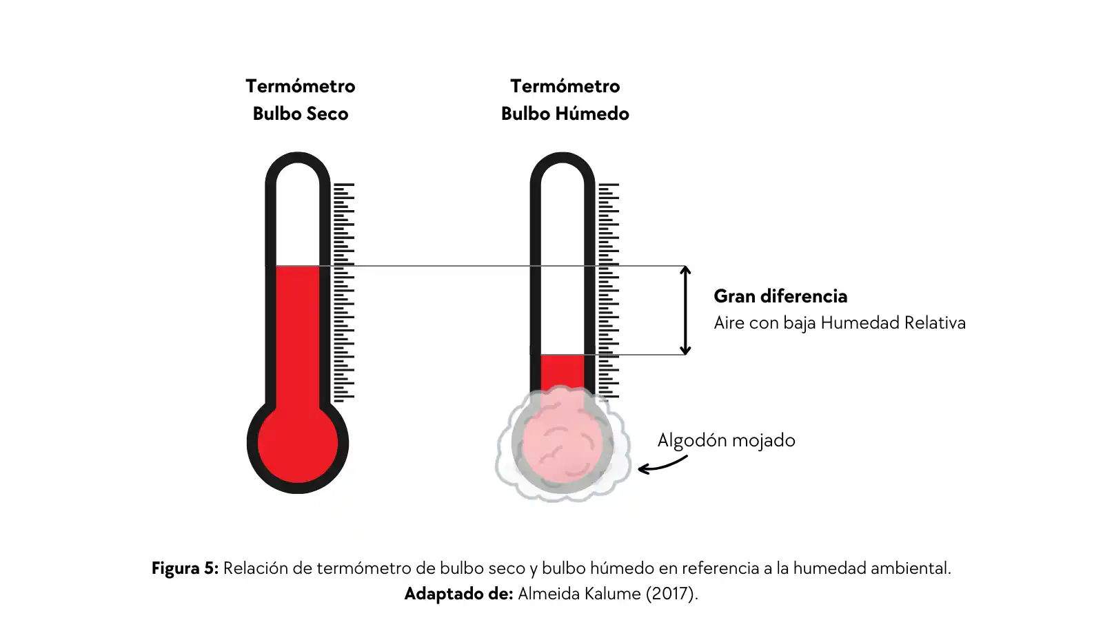 Relación entre bulbo seco y bulbo húmedo para estimar humedad ambiental.