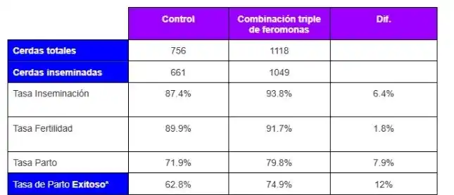 Desempeño reproductivo con combinación triple de feromonas en cerdas.